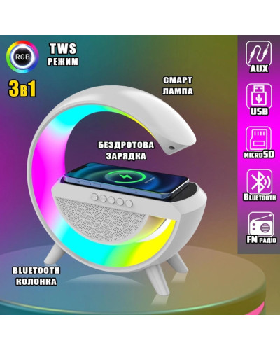 Портативна колонка Bluetooth 3в1 SUNROZ WirelessCharger R99 з RGB нічником та бездротовою зарядкою Білий 207265