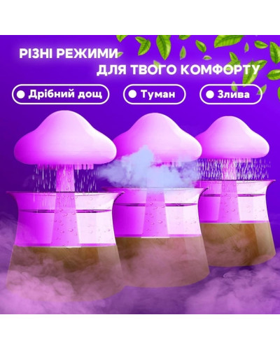 Зволожувач повітря Humidifier Cloud rain у формі гриба з ефектом дощу та нічником 7 кольорів з пультом дерев'яний 207473